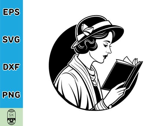 Reading Book with Vintage Retro Woman